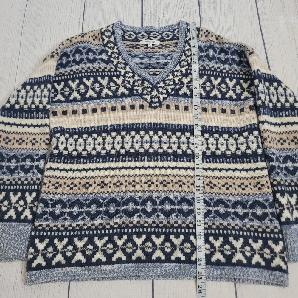 Madewell‎ XS Fair Isle Sweater Womens Blue Tan Wool Blend V-Neck Pullover